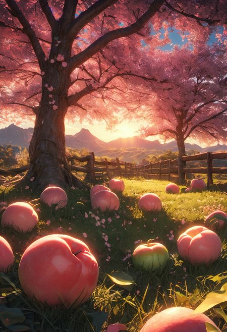 (raytracing, best quality, 8k, high res, masterpiece:1.2, picnic on grass), photorealistic, ultra-detailed, vibrant photography of a picturesque peach orchard at sunset, The trees are heavy with ripe, glistening peaches in shades of red, green, and gold, their leaves a vibrant, healthy green. Sunlight filters through the branches, casting a warm, golden glow over the entire scene. Delicate peach blossoms still cling to some branches, adding a touch of soft pink and white to the landscape. The ground is covered with a lush carpet of grass and wildflowers, with fallen peaches scattered about. A short  rustic wooden fence borders the orchard, and in the background, rolling hills and distant mountains are bathed in the warm, fading light of the setting sun. A gentle breeze rustles the leaves and carries the sweet scent of apples through the air. This idyllic scene captures the serene beauty and abundance of nature in exquisite detail. (dynamic angle, cinematic lighting, ethereal atmosphere:1.1), (extremely detailed:1.2), (vivid colors:1.3), (perfect composition:1.2), (sharp focus, stunning realism:1.2)