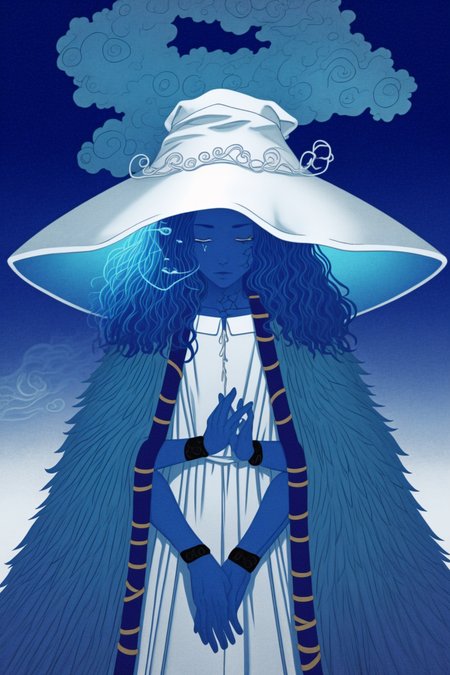 <lora:LCM_LoRA_Weights_SD15:1> <lora:Yomama_Edo_artstyle:0.85>, yomama_edo, cloud, smoke, ,  <lora:RanniV4LoRA:0.8> IncrsRanni, wavy hair, cracked skin, colored skin, blue skin, extra faces, extra arms, doll, joints, doll joints, white dress, hat, cloak
