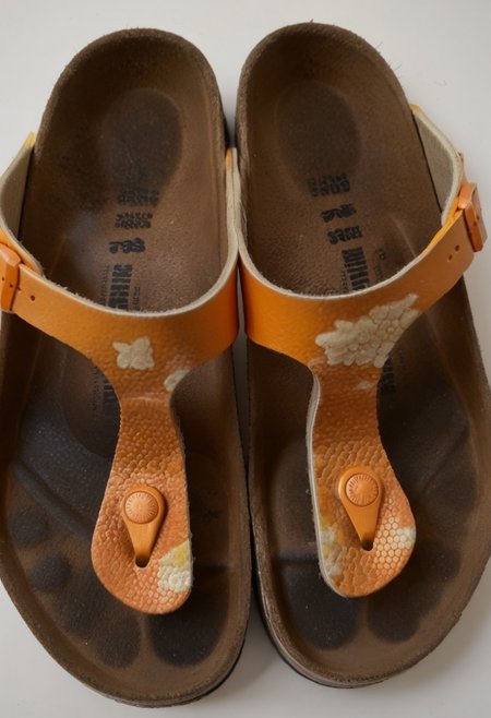 still_life, no_humans, simple_background, white_background, gizeh, gizehunworn, close-up, footwear_focus, patterned, orange-black-white, worn_shoes, worn_insoles, smelly_shoes