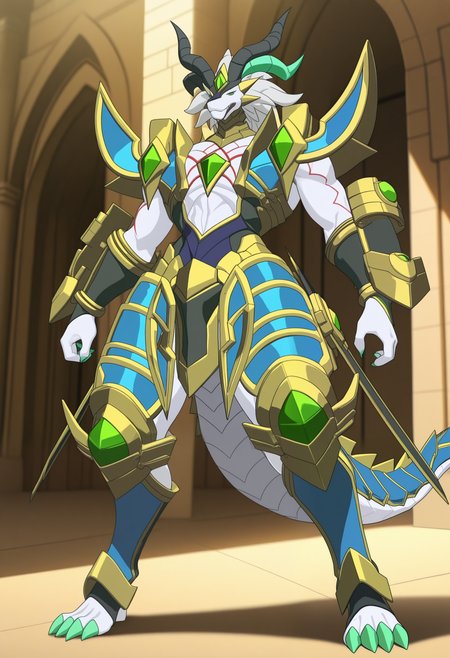 masterpiece,best quality,amazing quality, 1boy, solo, g4rg4ntu4, dragon, white fur, helmet, green horn, black horns, red tribal tattoos, colored sclera, green eyes, neck armor, chest armor, shoulder armor, gauntlets, crotch plates, leg armor, shin guards, armor, full body,