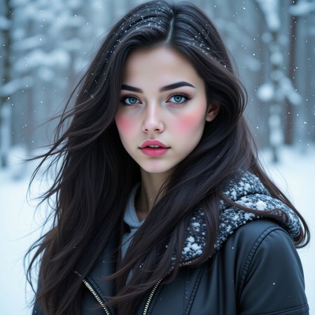 score_9, score_8_up, score_7_up, cinematic film still, beautiful woman Elizabeth 2.0, natural make up, winter outfit, blush, long black hair, head tilt, hair blowing in the wind, arctic circle snow drift, snowing, snowflakes, cold, chill bumps, approaching perfection, dynamic, highly detailed, smooth, sharp focus, intricate details, shallow depth of field, vignette, high budget, bokeh, cinemascope, moody, epic, gorgeous, film grain, grainy