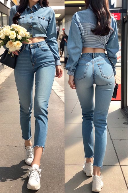 (masterpiece, best quality, 8k, RAW photo, beautiful and aesthetic:1.2),  complex detail, Indirect light, photorealistic,
full body, 1girl,
accessories to complete the look might include vintage-style jewelry, a woven basket, and a bouquet of flowers,
denim jacket, striped shirt, and white sneakers,
 <lora:CWbIGassv001-01:1> woman back view,   (broad pelvis),  glowing, (ass visible through thighs),