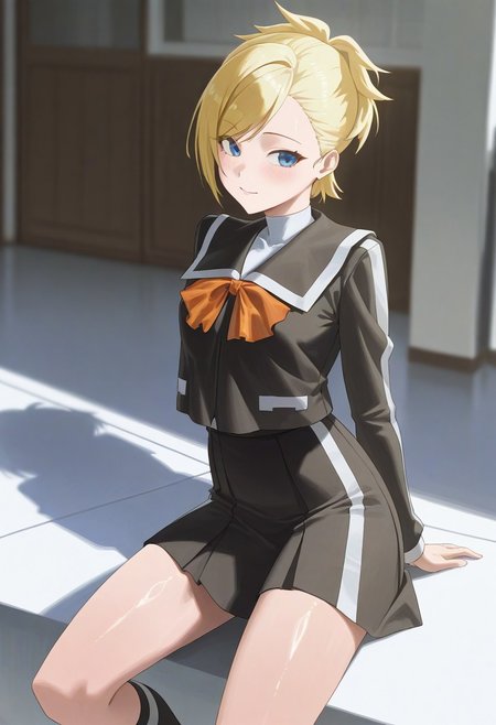 (best_quality, detailed, masterpiece, very_aesthetic, absurdres), general, m.q \(mqkyrie\), (zuharu:0.5)
BREAK
1girl, small breasts, upper_body, adult, ambient occlusion, ray tracing, shiny skin, blurry background, shadow
BREAK
l1s4p2, blonde hair, short hair, ponytail, blue eyes, black school uniform, long sleeves, orange ribbon, skirt, knee socks