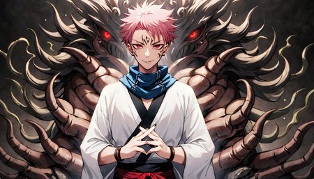 photograph cinematic photo, 
jk3, jujutsu kaisen, 1boy, extra eyes, male focus, facial tattoo, spiked hair, white kimono, pink hair, extra arms, black nails, red eyes, evil smile, short hair, japanese clothes, own hands together, looking at viewer, sharp fingernails, facial mark, wide sleeves, forehead mark, upper body, evil grin, blue scarf, long sleeves, sash, multicolored hair, cowboy shot, undercut, black hair, two-tone hair, bracelet, open hands, glowing, brown hair, shoulder tattoo, jewelry, black scarf, colored skin, standing
(dutch angles:1.3)
 <lora:Jujutsu-Kaisen:.7>, 50mm . cinematic 4k epic detailed 4k epic detailed photograph shot on kodak detailed cinematic hbo dark moody, 35mm photo, grainy, vignette, vintage, Kodachrome, Lomography, stained, highly detailed, found footage