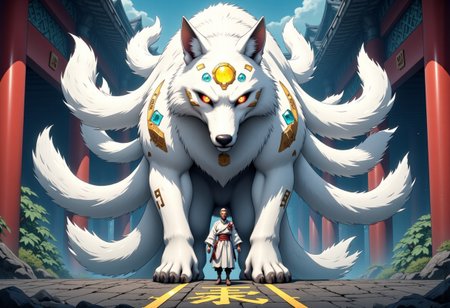 anime style Hyper detail fairtales illustrator art. The epic dramatic darktale style cinematic scene. The Mythical Creature of Giant White Fox in middle of the Shinto Temple, the fox have stripes lines pattern on the fur, 9 tails, the Moon Emblem on forehead, Lighting ruby eyes, in ready for attack position. Golden runes golden cybernectic line decorate, Grimmdark. (Ultra-detail, 32k, Masterpiece, High Quality, Detailed Realistic Background, Official Art,).