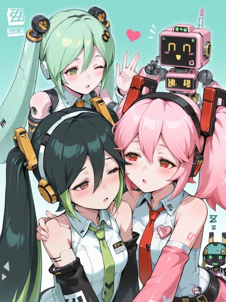 ZZZ, multiple girls, 3girls, robot, pink hair, green eyes, heart, one eye closed, necktie, hair ornament, android, open mouth, green hair, black hair, detached sleeves, multicolored hair, jewelry, red eyes, blush, twintails