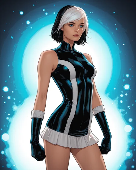masterpiece, best quality, absurdres, perfect quality, absolutely eye-catching,   <lora:JeffSpokesIllus:1> jspokes,  <lora:EvaBellIllus:1> evabell, two-tone hair, white hair, black hair, short dress, gloves, short hair, contrapposto, blue eyes,