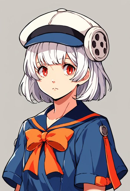score_9, score_8_up, score_7_up, source_anime, 1girl, <lora:zs_HikariXL:1> hikaripq2, white hair, medium hair, red eyes, white cabbie hat, blue serafuku, orange ribbon, <lora:zs_ZeroAzurePortraitsXL:1> zeroazureportraits, solo, upper body, simple background