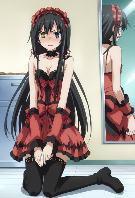 score_9, score_8_up, score_7_up, source_anime,
BREAK
1girl, solo, anime screencap, anime coloring, 
<lora:shiYukinoV2:1.0>, yukirng, black hair, long hair, blue eyes, hair ribbon,
<lora:shiKurumiV2:1>, kurdef, yellow eyes, clock eyes, heterochromia, bare shoulders, detached sleeves, choker, red dress, cleavage, bow, black thighhighs, lace-up boots, hairband, 
kneeling, 
looking at viewer, open mouth, angry, ;o, shy, blush, wavy mouth, 
indoors, mirror, full-face blush, steaming body,