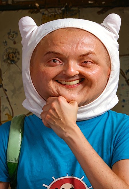 score_9, score_8_up, score_7_up,  MEATMAN f1nn4,1boy,finn the human,adventure time,solo, portrait,smile, face punch,<lora:Adventure_Time_Style_LORA:1> dot eyes, blue shirt