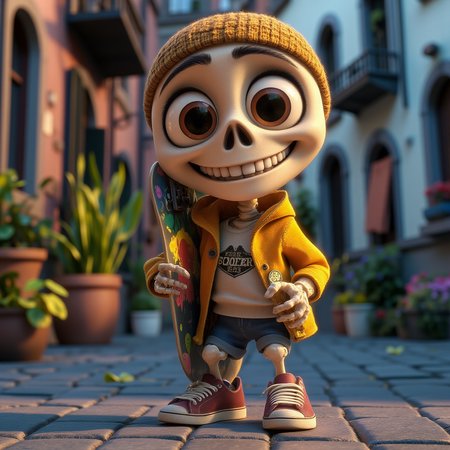 a cute 3d ation of funny skeleton happy holding a skate board, cartoon character in 3D. Casual cloths, nick sneakers, street skate. <lora:Flux_Pixar:1> egpixar, <lora:Cute_3d_Cartoon_Flux:0.5>