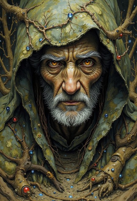 Create a detailed and assertive drawing that captures the raw, earthy essence of a mystical and slightly unsettling world. The style should employ rich, hand-drawn textures with bold, confident lines and layered tonal washes, evoking a sense of age, wisdom, and folklore. The color palette should lean on vivid earthy tones—deep greens, umbers, ochres, and smoky grays—enhanced with touches of whites and with occasional accents of rich jewel tones to create striking focal points. The atmosphere should feel grounded and mature, blending whimsy with an underlying edge of darkness and intrigue.
The characters or elements should exhibit intricate, naturalistic detailing, portraying imperfections and textures that emphasize personality and depth. Faces, if present, should feel expressive and weathered, reflecting stories of a long-forgotten age. The focus will be on a specific subject—the immaculate old druid in search of the fountain of eternity—rendered with care to highlight its organic integration into the scene, with every detail contributing to a complex, immersive narrative. The overall composition should carry an air of mystery and timelessness, resonating with the weight of forgotten myths and unspoken secrets.