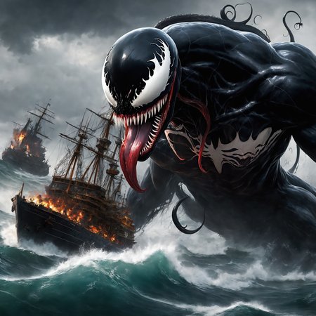 (perfect mix between venom and kraken:1.9), with venom's black tentacles protruding from his entire body, destroying ships on the ocean, blood on the mouth, epic, cataclysmic, gargantuan, absurdres, best quality, realistic style