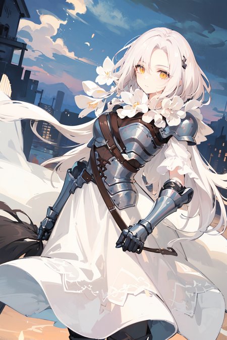 armorAUG,1GIRL,messy white hair with long locks,mythology,outdoors,orange clouds, dim lighting, wasteland, night, midnight,