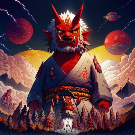 score_9, score_8, score_7, 1boy, oni monster, red skin, tusks, horns, geometril japanese clothes, surreal, technicolor, wild, thunder and lightning, giant