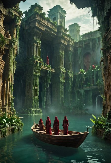 Three women stand on a boat floating in the water in front of the lush and magnificent Hanging Gardens of Babylon. The scene is captured in somber tones and a bleak atmosphere, reminiscent of dark art by an ancient artist. The women appear as if they are bathing, evoking the image of a female Atlas. The boat is a massive wooden galley with vibrant yet bleaked translucent red sails, adorned with an ancient Atlantean emblem. The galley floats quietly on a calm, pale sea under a nearly clear sky with few clouds, in sweltering heat.
The background is detailed and atmospheric, with a haze adding to the cinematic quality of the image. The overall mood is epic and moody, with a high-budget, cinemascope feel. The image has a film grain and is very detailed, reminiscent of a 2000s vintage RAW photo, with a photorealistic, candid camera effect. The color grading is cinematic, with eye-catching light and natural imperfections, captured with a shallow depth of field.