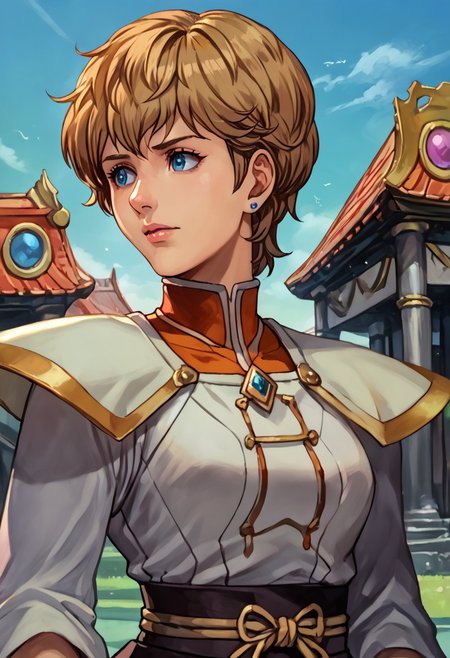 score_9, score_8_up, score_7_up, source_anime,
, (best quality) , (highly detailed) ,masterpiece ,absurdres ,detailed face ,beautiful face ,
<lora:pony_xl_Hildegard:0.8>,Hildegard,score_9,score_8_up,1girl,female,kawaii,solo,short hair,earrings blond hair, wavy hair
 ,eyelashes, purple forehead protector, bushi armor, white short Nagajuban\(under-kimono\), dō, torso armour, orange cuirass, kote, orange vambrace, tekkō, brown fingerless gauntlet, khaki pants,simple background, outdoor, sky,
best quality, masterpiece, very aesthetic, ,,(portrait, upper body),
OverallDetail