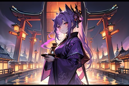 highly insanely detailed, masterpiece, top quality, best quality, highres, 4k, 8k, RAW photo, (very aesthetic, beautiful and aesthetic),  
(code_style,codestyle), 
<lora:CodeStyle (half generic class)_564920:0.3>, 
(1girl:1.3), 1other, 
architecture,bridge,east asian architecture,lantern,letterboxed,pagoda,tower,torii,tower,watercraft,neon orange background,neon purple background,(colored marble background,gradient background,colored smoke background),âââ