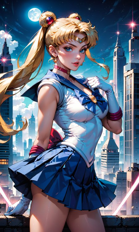 4n1v3rs3  score_9, score_8_up, score_7_up, BREAK
Tsukino Usagi, throwing Moon Tiara, Sailor Moon outfit, dynamic pose, intense expression, magical energy, cityscape background, high detail, photorealistic, vibrant colors
white gloves,  blue pleated skirt, blonde hair, flexible, arched back, hand on own chest, half-closed eyes,