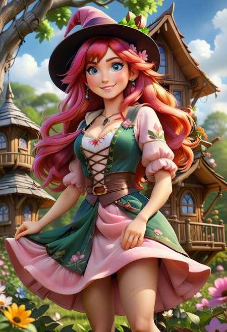 Style-SylvaMagic, award winning character concept art of, cute earth witch with magic flowers floating around a witch's magic treehouse, red hair, blue eyes, pink and green dress, blurry_background, breasts, tree house, smile, cleavage, witch hat, natural lighting, large_breasts, lips, short hair, looking_at_viewer, solo, from side, highly detailed 8k character concept portrait studio lighting by Annie Leibovitz and Steve McCurry octane render trending on artstation made in Maya 4K high quality digital painting dramatic lighting , <lora:torinoAquaStyleLora_v1:0.25>