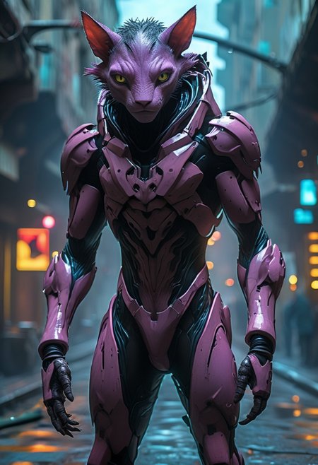 score_9, score_8_up, score_9_up, SilverPulse, Fantasy Creature, portrait, close to the face, punk hair, lizard, cat, alien girl, feminime, female, 1girl, Avatar navi alien with purple skin, bal, big eyes, medium breast, red trench coat, running on the top of train, yellow train, cyberpunk city, night, neon light, rainy,  dynamic view, dynamic pose, super wide angle shot, extreme perspective,
