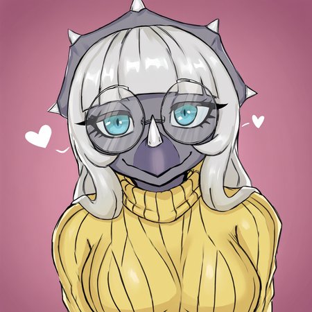 <lora:Abigail_Snoot_Game_-_Devlog:1> abigaildevlog, 1girl, furry female, triceratops, gray skin, white hair, glasses, yellow sweater, sweater, half-length portrait, blue eyes, <3, looking at viewer, highres, absurdres,