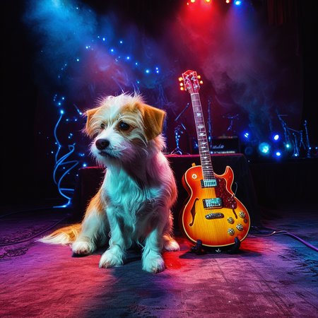 Hyperrealistic, crystal-clear portrait of a  <lora:ZIP_SDXL:1> zip dog looking at the viewer Walking on stage playing his guitar  <lora:1980s_Fantasy_Style_test_2:0.3> 1980s Fantasy Style, vivid color <lora:Rock_Concert:0.5> r0ckc0ncert, on stage, light show, smoke, band, instruments <lora:tbh160-sdxl:0.8> style of Dan Mumford  ith super sharp details and vivid colors, intricate textures, and pristine clarity. <lora:DetailMaximizer:0.8> Light Painting