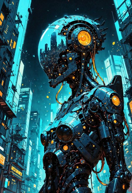 (in Otomo Katsuhiro style:1.2), masterpiece, high-quality, A futuristic scout in a sleek angular suit embedded with pulsating circuits, Theyre framed in a glowing urban sprawl of vertical megastructures and floating drones, their visor reflecting a fragmented digital skyline, One hand grips a small high-tech device scanning the area for unseen threats, urban sprawl, circuit suit, digital skyline, (Stylized in neon cyberpunk anime with a sharp high-contrast aesthetic:1.1), (elaborate fine details:1.1), (hyperdetailed:1.1), (intricate details:1.0), (Refined details:1.1), (best quality:1.1), (high resolution:1.2), <lora:FLUX\Anime v1.3:0.6> <lora:FLUX\VividlyReal:0.6> <lora:FLUX\FLUX-daubrez-DB4RZ:0.4>
