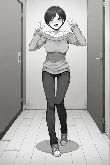 score_9, score_8_up, score_7_up, monochrome, manga_source, best background, detailed background, manga, grayscale   Haruka, Home Outfit, naughty face, horny, dancing, solo, dynamic camera, dynamic angle, indoors, full body, bottomless, victory fingers, v fingers, <lora:JN_Haruka:0.8>