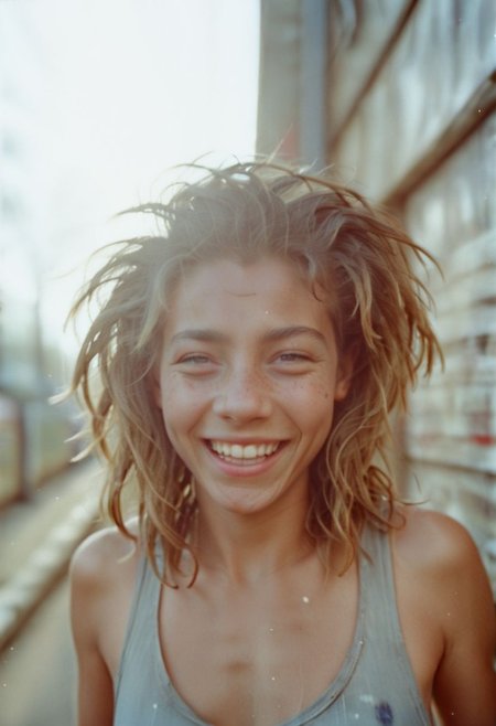 c41_hasselblad_portra400, font face portrait of a laughing woman with broken teeth and freckles with hair over her face, hair over both eyes, atmospheric haze, Film grain, cinematic film still, shallow depth of field, highly detailed, high budget, cinemascope, moody, epic, OverallDetail, 2000s vintage RAW photo, photorealistic, candid camera, color graded cinematic, atmospheric lighting, imperfections, natural, shallow do