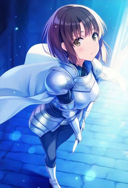 1girl, katou megumi, megumi katou, Megumi <lora:KatoMegumi:1>,brown hair,katou megumi,brown eyes, medium breasts , short hair, masterpiece, best quality,solo,looking at viewer, fantasy knight theme, medieval castle courtyard background, wearing light armor with gold accents, a flowing white cape, holding a silver sword with intricate designs, standing confidently, one foot resting on a stone step, sunlight reflecting off armor, determined expression, wind blowing cape and hair slightly, vibrant color palette, dramatic high-angle perspective, cinematic lighting, soft lens flare, depth of field, majestic and heroic atmosphere,<lora:焦茶_XL:0.8>,