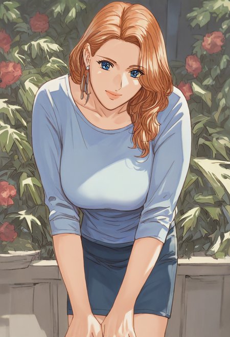 source_anime, score_9, score_8_up, score_7_up, 1girl, mature_female, solo, Leaning forward with hands on thighs, fisheye, (Rust shosei), dark blond hair, very wide shot, rating_safe, <lora:sdxl\pony diffusion\artist_styles\tohru_nishimaki_pony:1.0>