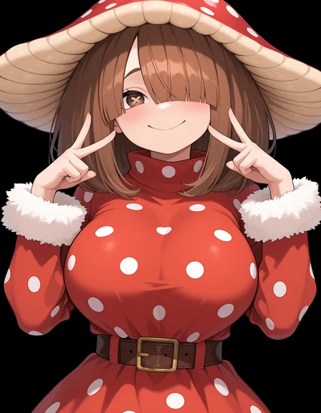 <lora:Komori Kinoko - My Hero Academia (IllustriousXL):1>
1girl, solo,
kinok0, brown hair, brown eyes, x-shaped pupils, hair over one eye,
red dress, polka dot dress, long sleeves, fur-trimmed sleeves, belt, mushroom hat, polka dot headwear,
standing, looking at viewer, upper body,
large breasts, 
smile, v pose,, masterpiece, best quality, amazing quality,, (simple background, black background:1.1),
