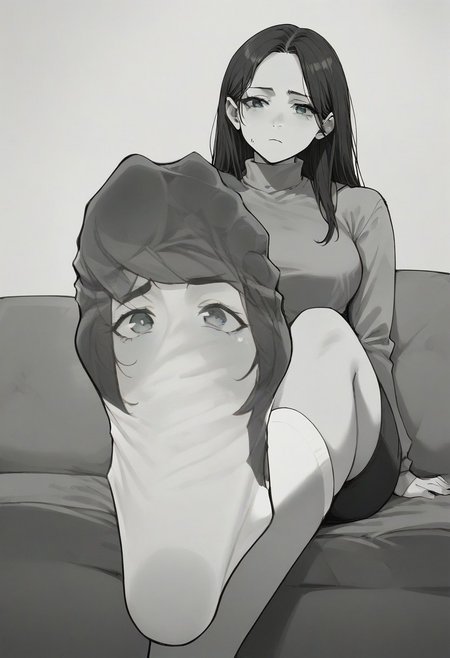 score_9, score_8_up, score_7_up, score_6_up, m4ng4, manga, monochrome, greyscale, (long hair:1.2), 1 panel, 1 frame, 1girl, comic, <lora:m4ng4XLP:1>, black hair, tired, computer, sole down, living socks, Socks have detailed eyes on instep of sock, foot focus,