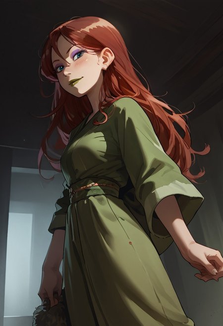 safe_pos, (score_9, score_8_up, score_7_up, score_6_up, score_5_up, score_4_up), antimony in dark room, soft focus, 1 girl, solo, red hair, long hair, blue eyes, purple eyeshadow, green lipstick,  indoors, kimono, graceful pose, blushing, smirk, medium breasts, slender body, full body, low angle, looking back at viewer, long legs, head tilted back, backlighting, 20yo, medium ass