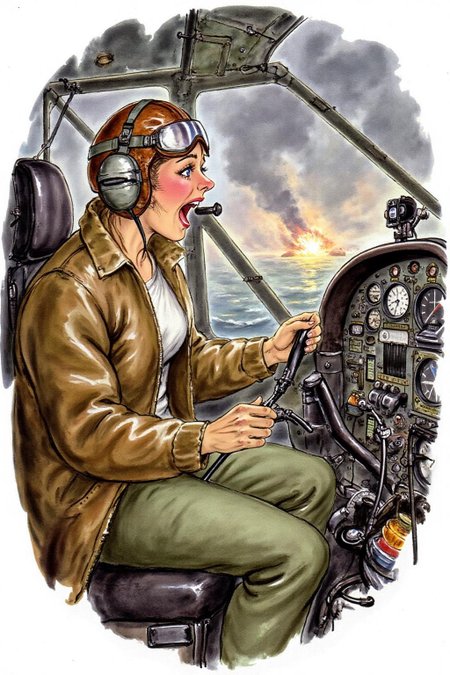 d0sn Illustration. A female pilot screaming inside the cockpit of a WWII bomber. The pilot, wearing a vintage leather flight helmet with goggles and a brown bomber jacket, grips the controls with white-knuckled hands. Her face is contorted in a mix of fear and determination as she yells, her eyes wide with adrenaline. The cockpit is cramped and filled with old-fashioned dials and gauges, with the outside view showing dark stormy clouds and distant anti-aircraft fire. The scene is lit by the eerie glow of the instrument panel, casting harsh shadows across her face, emphasizing the intensity and danger of the moment. High contrast, dynamic composition, gritty and realistic, with a cinematic feel.  <lora:d0sn_illus7_cap_d6a3:1.0><lora:805782302199281144:0>