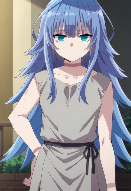 Charlotte Reis Teen, 1girl, solo, long hair, blue hair, blue eyes, , grey dress,  sleeveless, looking at viewer
 <lora:Charlotte Reis:0.9>, score_9, score_7_up,anime coloring ,source_anime, anime