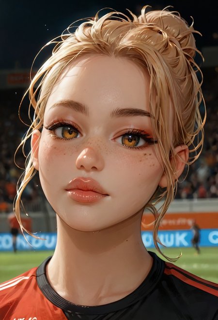 embedding:urn:air:sd1:embedding:civitai:222256@250708, score_9, score_8_up, score_7_up, score_6_up, realistic, a woman, sexy slim face, slim body, hourglass shape, tanned, blond hair, full lips, face full of freckles,  messy bun, light brown eyes, black smokey eyeshadow, (((Orange and black soccer uniform))), cinematic angle, dynamic pose, close up, on soccer field, unique angle, cinematic lighting, solo focus, 1woman, blush, detailed eyes,  lips, (focus on face),  depth of field, god rays, 4ng3l face, skindentation, embedding:urn:air:sd1:embedding:civitai:177792@649182