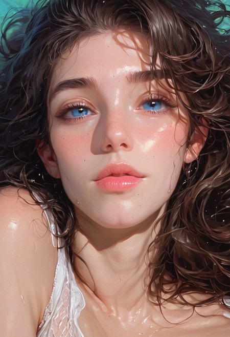 score_9, score_8_up, score_7_up, solo, mature, older, (cute:1.3), (seductive expression:1.3), (fishnet leggings:1.5), white transparent tanktop, (blue eyes), (big eyes:1.1), (Expressiveh, Beuty), (realistic photograph style, realism, realistic illustration:1.5), (simple colorful background), lips parted, freckles, biten lips, beautiful skin, (breasts exposed), breasts apart, side boob, sitting on bed, leaning back, (long hair), wavy curly messy hair, pubic hair, (brunette), dark eye shadow, sweat, heat, heat going out of mouth