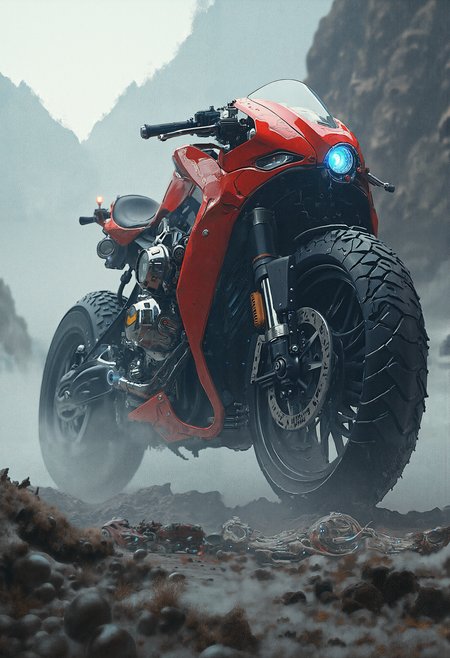 In the midst of a desolate, post-apocalyptic landscape, a behemoth of a motorcycle emerges from the dense, eerie fog like a mythical creature. The camera gazes up at the machine from a low angle, imbuing it with an aura of power and dominance. The red cyberpunk bike is a marvel of futuristic design, its sleek, chrome body adorned with intricate, predatory lines that seem to shift and shimmer in the faint, cinematic light.
Every detail of the motorcycle is meticulously rendered, from the glowing blue accents that pulse like veins to the razor-sharp fins that slice through the air. The shallow depth of field draws the viewer's gaze towards the intricate machinery, inviting them to explore the labyrinthine pipes and cables that power this technological titan.
In the background, the fog-shrouded mountains loom like sentinels, their rugged peaks softened by the veil of mist. The atmosphere is heavy with foreboding, as if the very fabric of reality is on the cusp of transformation. The motorcycle, a symbol of human ingenuity and rebellion, stands as a monument to the indomitable spirit that refuses to be extinguished, even in the darkest of times.
The image is a masterclass in cinematic storytelling, evoking the mood and narrative depth of a sci-fi epic. The viewer is drawn into the world of the image, compelled to explore the secrets and mysteries that lurk in the shadows of this dystopian landscape. The motorcycle, a character in its own right, seems to pulse with a life of its own, as if waiting for the moment to unleash its fury upon the world.