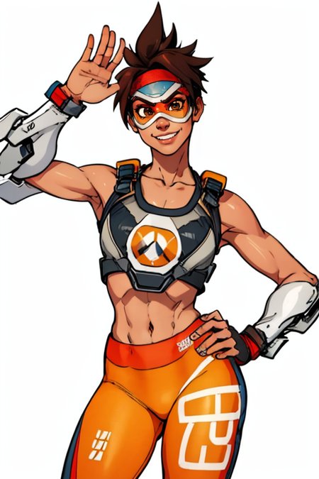 masterpiece,best quality,extreme detail,8k,image sharpness,<lora:Tracer-10:0.8>, Tracer2,1girl,solo,looking at viewer,smile,short hair,brown hair,navel,bare shoulders,brown eyes,cowboy shot,alternate costume,midriff,crop top,hand on hip,headband,sunglasses,spiked hair,goggles,clothes writing,vambraces,salute,harness,chest harness,union jack,orange goggles,
