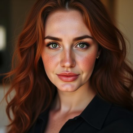 youthful appearance. Her eyes are a bright green, with a scattering of freckles across her cheeks and nose, adding a polished, giving her a captivating, adding to her natural, and she wears a form-fitting, krasinafoxx. The image is a high-resolution photograph of a woman with striking features