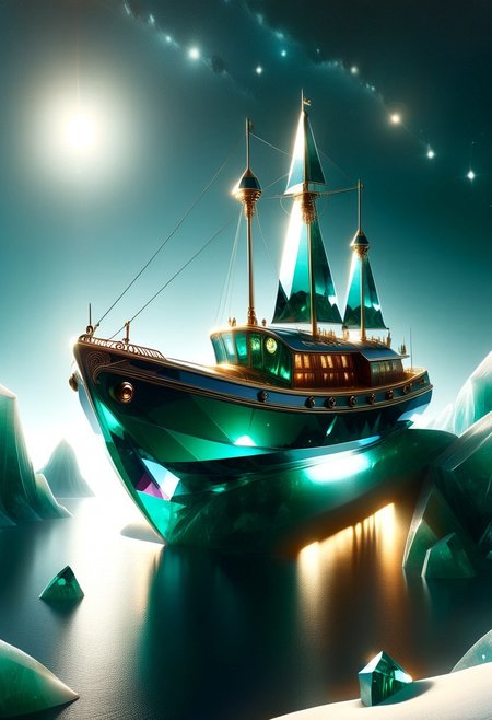 An ice boat made entirely of transparent crystal sailing on a frozen lake. It is  entirely made out of transparent glass crystal with a depth that reflects what looks like the universe of galaxies and stars, ultra detailed, enhanced, prismatic colors, render, CRU, sharp, 8k, octane render, cinema 4d, blender, dark, atmospheric 4k ultra detailed, cinematic, Sharp focus, big depth of field, Masterpiece, colors, 3d octane render, 4k, concept art, hyperrealistic, Vivid colors, extremely detailed 8k wallpaper, Intricate, High Detail. Moonlit night scene with the boat focused in the light of several high intensity spotlights. Camera is looking down and sideways as the car. emeraldmorph