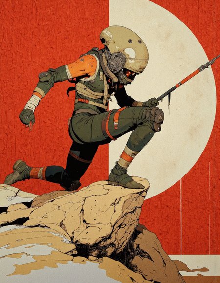 By Phandigrams. 
A digital illustration depicting a futuristic science fiction scene. The central character is an orange-skinned humanoid figure, wearing a dark green spacesuit with a bulky helmet-like headdress. The character is in mid-air, leaping over a large, textured beige object that appears to be a rock. The character's suit has a sleek, high-tech appearance with visible straps and panels, suggesting advanced materials. The suit also has a number of small circular holes and patches, adding to its worn, utilitarian appearance. The character's left arm is extended forward, holding a long, thin spear-like weapon. The background features a large, off-white circular element, likely a planet or moon, providing a stark contrast to the character's vibrant suit and the red, textured background behind him. The red background has a textured, almost leather-like appearance, adding depth and a sense of ruggedness to the scene. The overall style of the illustration is highly detailed and realistic, with an emphasis on textures and lighting that enhance the sense of depth and movement.