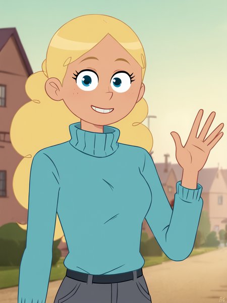 score_9, score_8_up, score_7_up,  score_6_up, BREAK, P13rr3tt3, 1girl, solo, long hair, blue eyes, blonde hair, blue sweater, turtleneck, grey pants, smile, upper body, raise left arm, day, outdoor, waving, looking at viewer, Volumetric Lighting
standing, simple background, smile, face viewer, looking at viewer  <lora:Pierrette-000009:0.9>