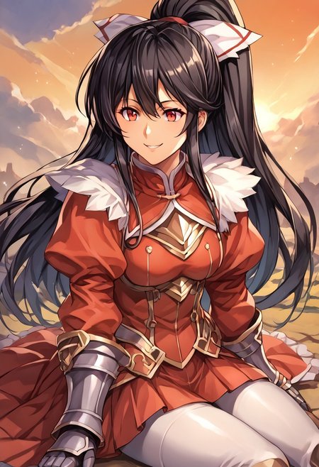 score_9, score_8_up, score_7_up, score_6_up, score_5_up, score_4_up, detailed, intricate details, source_anime, , (best quality) , (highly detailed) ,((masterpiece)), ((best quality)), (ultra-detailed), ((extremely detailed)), (high resolution), 4K, (8K), best quality, (beautiful), (dynamic lighting), (super detailed skin), sharp focus, (1_girl, solo focus), score_9,score_8_up,score_7_up,anime coloring BREAK source_anime,anime, theresia (hortensia saga),  Windy, Flowing hair, Wind, Hair billowing in the Wind long hair, Very long hair, long hair, hair between eyes, black hair, red eyes, sidelocks,  , ponytail, hair ribbon, white ribbon, cuirras, armored boots, puffy sleeves, pantyhose, red capelet, fur collar, gauntlets, greaves, armored dress, turtleneck, , red skirt
smiling, sitting,
Face Focus, Upper Body detailed eyes、detailed face and detailed skin <lora:add-detail-xl:1.0>
Artist Style: Urushihara Satoshi