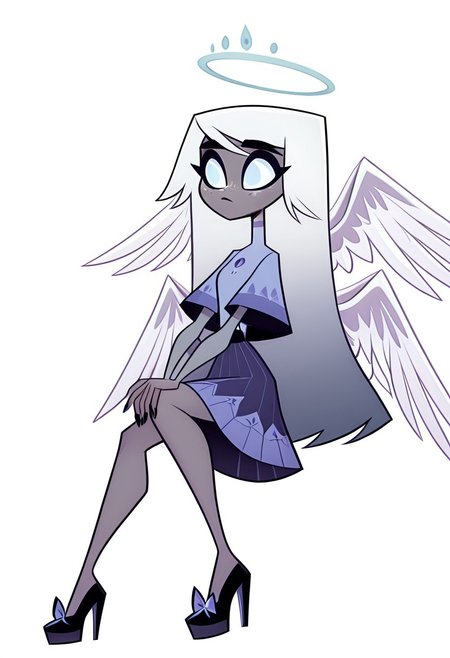 masterpiece, best quality, 1girl, solo, eyelashes, (beautiful eyes),    
xemilyx, white hair, long hair, grey skin, freckles, blue eyes, no pupils, angel wings, halo, dress
C0utur3Cr4z3, 1girl, solo, skirt, simple background, white background, bow, standing, nail polish, high heels, own hands together, black nails, footwear bow, sitting, knee up,