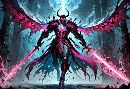 full body warrior of light in white and dark pink  armor clad in shadow dark mist has pink glow eyes with a thing blue mist running from the side of his eyes upwards masked face wielding a stylized katana of light angrey look blood stained cape right shoulder on black fire cloth mask revealing angrey eyes, with huge blue and black angle wings,
standing infront massive gates.