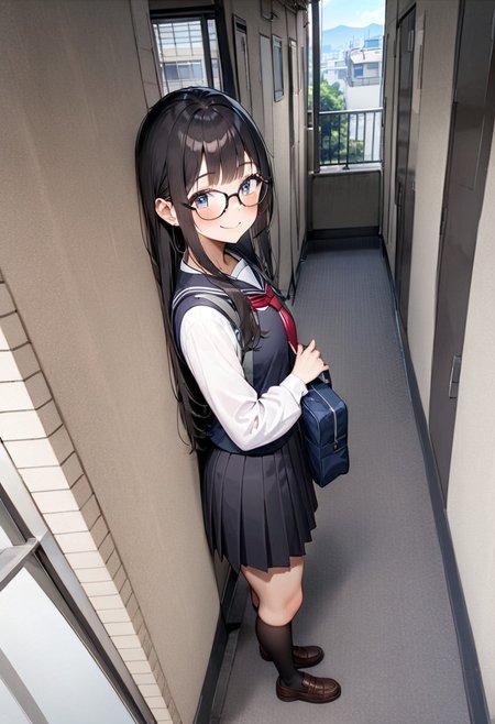 masterpiece, best quality, very aesthetic, absurdres,
1girl, glasses, black hair, long hair, school uniform, school bag, smile, blush, solo focus, standing, looking at viewer, 
rouka, hallway, scenery, window, building, day, sky, door, outdoors, blue sky, cityscape, city, real world location, 
 <lora:JProuka_apartment_hallway_SDXL_V1:1>