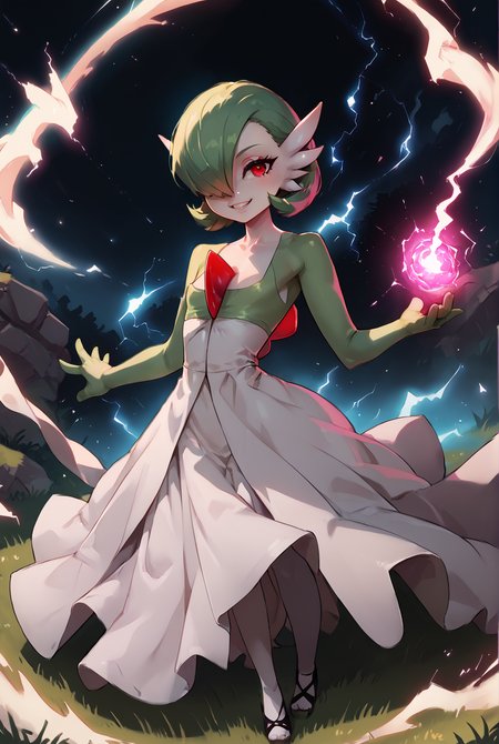 score_9, score_8_up, score_7_up, score_6_up, score_5_up, score_4_up, <lora:gardevoir_v2:1> gardevoir, white dress, creature, game freak, nintendo, pokemon, bangs, colored skin, female focus, flat chest, gen 3 pokemon, green hair, green skin, hair over one eye, multicolored skin, red eyes, short hair, two-tone skin, white skin, cute smile, full body, <lora:Super_Saiyan_4_Goku_Anime:1>,  <lora:asanagiArtistStylePonyxl_loraLocon:0.8>, <lora:incase-ilff-v3-4:0.8>, <lora:BoldCAT_P3:1>, energy, aura, electricity, highly detailed, absurdres,